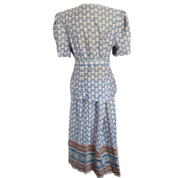 Vintage 80s Cotton Circle Skirt & Blouse Suit Set Paisley Border Print Pockets - Picture 2 of 16